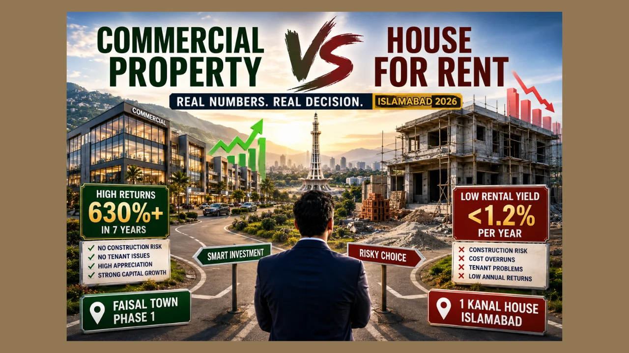 Commercial Property vs House for Rent in Islamabad 2026 Real Estate Expert Mr Nasir Gondal – Gondal Group of Marketing Commercial property vs house for rent in Islamabad 2026 comparison thumbnail showing investment returns and rental yield differences.