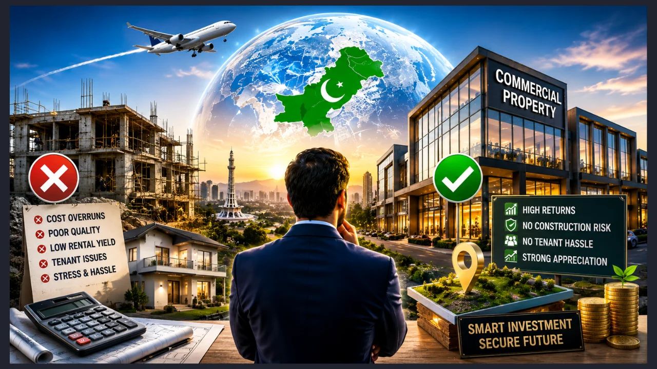 Overseas Pakistani Property Investment 2026 – Commercial Property vs Rental House Real Estate Expert Mr Nasir Gondal – Gondal Group of Marketing YouTube thumbnail showing overseas Pakistani real estate investment comparison between house construction and commercial property in Islamabad.