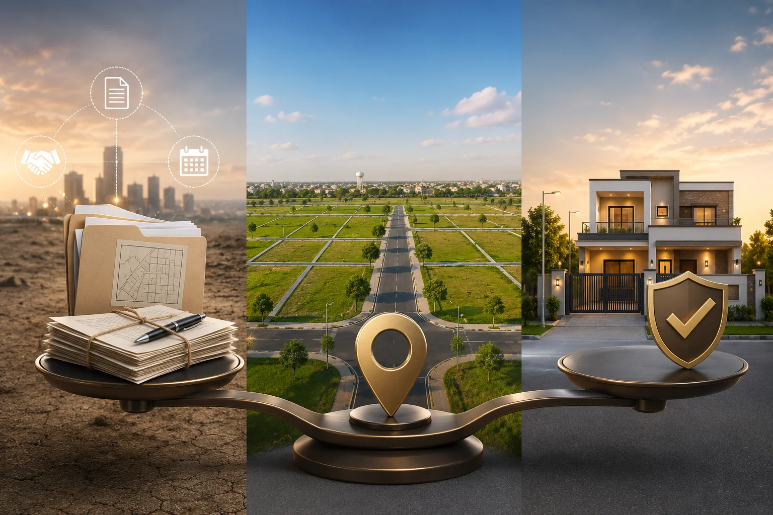 3D real estate infographic comparing file, plot, and possession property in Pakistan using a balance scale, showing documents (file), developed land (plot), and a modern house (possession) under different development stages.