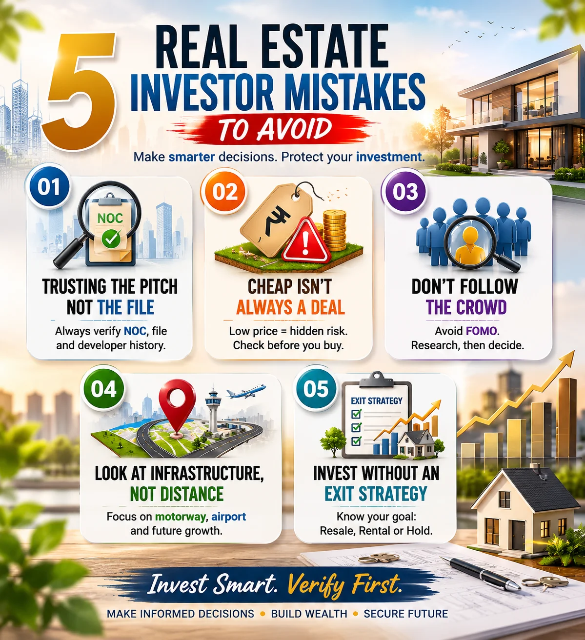 5 common real estate investor mistakes to avoid including due diligence, NOC verification, location analysis and exit strategy planning